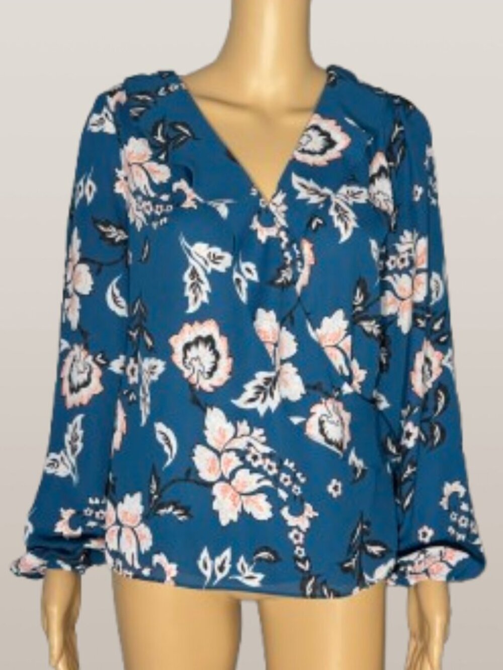White House Black Market Teal Floral Faux Wrap-Front Blouse XS